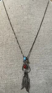 "Collar de plata esterlina turquesa coral plumas colgantes cadena de caja 20"" ajustable" - Imagen 1 de 6