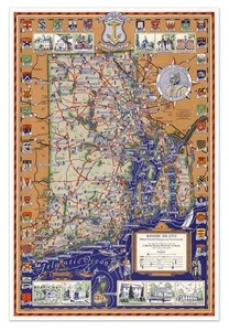 Big Pictorial Color MAP of the State of RHODE ISLAND circa 1930 - 24" x 36" USA - Picture 1 of 9