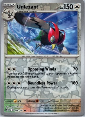 Unfezant, SV05: Temporal Forces, 135/162, Uncommon, NM - Image 1 of 2