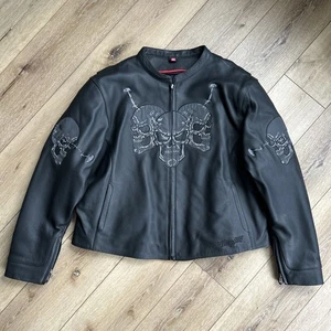 First Racing Skulls & Barbwire Men's Black Motorcycle Leather Jacket Sz 5X - Bild 1 von 14