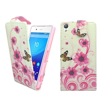 CASE FOR SONY XPERIA Z3 FLIP PU LEATHER WHITE PINK SWIRL FLOWER BUTTERFLY COVER - Image 1 of 4