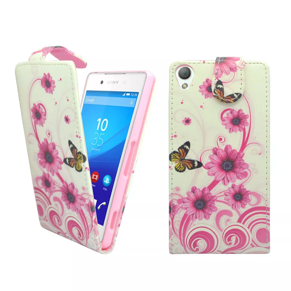 CASE FOR SONY XPERIA Z3 FLIP PU LEATHER WHITE PINK SWIRL FLOWER BUTTERFLY COVER - Image 1 of 4