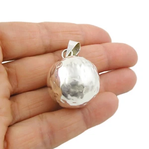 925 Sterling Silver Chime Pendant Hallmarked Large Hammered Bola Ball Pendant - Picture 1 of 6