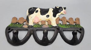 Vintage German Hand Painted Cast Iron Cow 3 Hook Coat Key Hanger Wall Hanging