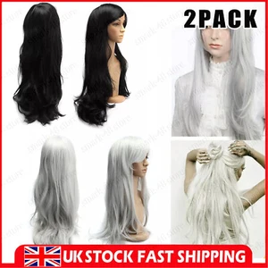 2PCS Women Ladies Silver Long Blonde Silver Curly Wigs Natural Wavy Hair Wig 28" - Picture 1 of 27