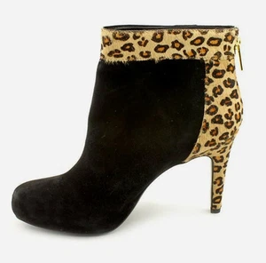 RRP$180 quality 9-9.5 wide BLACK & OCELOT PRINT SUEDE STILETTO ANKLE BOOTS - NWT - Picture 1 of 5