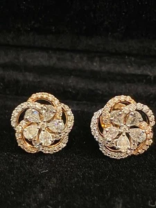 Pave 1.17 TCW Round Pear Cut Natural Diamonds Stud Earrings In 585 Fine 14K Gold - Picture 1 of 12