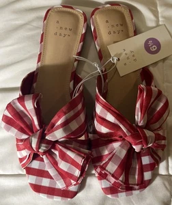 A New Day Women's Scarlet Gingham Bow Flat Sandals - Red - Size 6 1/2 - Picture 1 of 4