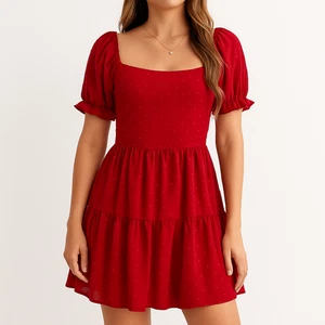 Mini Vestido Babydoll SHEIN Rojo Punto Suizo Mangas Abullonadas Espalda Abierta Lazos Para Mujer L - Imagen 1 de 13
