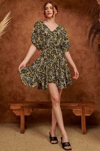 Mittoshop Women's Floral Print Short Sleeve Ruffle Hem Mini Dress - Picture 1 of 7