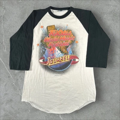 Camisa masculina vintage Journey M branca Raglan Texxas World Music Fest 1982 concerto - Imagem 1 de 4