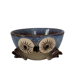 Owl Bowl Blue Speckled Pottery Eyes Feet  Pacifica Home Decor Anthropormoric - Picture 1 of 8