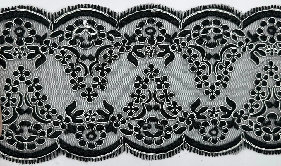 6" Black and White Embroidered Organza Fabric Trim 5 Yards Trimming - Image 1 of 1