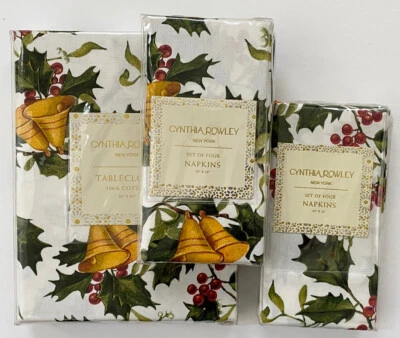 Cynthia Rowley Christmas Bells & Holly 60x84 Tablecloth & 8 Napkin Set ~ Cotton - Image 1 of 2