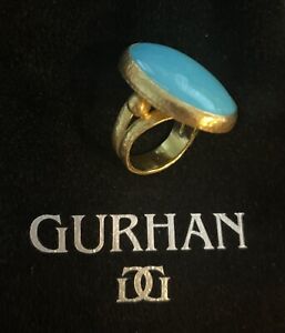 Designer GURHAN 24K GOLD RARE SLEEPING BEAUTY BLUE TURQUOISE RING, One Of A Kind