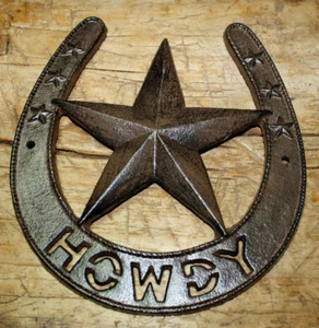 Cast Iron Antique Style HOWDY HORSESHOE Plaque Sign Rustic Ranch Wall Decor STAR - Picture 1 of 1