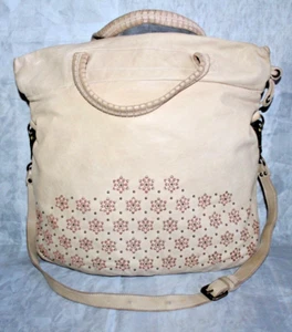 ERRELLEVENTIDUE Beige Italian Leather Handbag Floral Print Metal Studs Large - Picture 1 of 22
