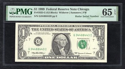 FR. 1925-G 1999 $1 FEDERAL RESERVE NOTE "RADAR S/N G34488443I” PMG GEM UNC-65EPQ - Image 1 of 2