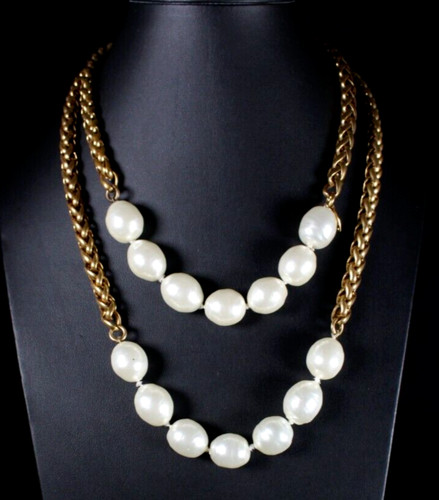 Collana CHANEL Vintage Tono Oro Spiga Catena Finta Perla Perline 21"