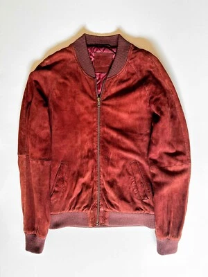 ASOS Mens Burgundy Suede Leather Bomber Jacket Size Small - Image 1 of 4