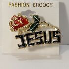 VINTAGE NOS JESUS RELIGIOUS BROOCH PIN GOLD TONED FLOWER RED ROSE GREEN