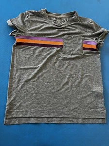 Athleta Girl Teeshirt Grey/ Purple/Orange Stripe/ Front Pocket LightweightSize L - Picture 1 of 4