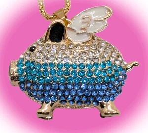 Sparkly Cute! Betsey Johnson Two Tone Blue & Clear Crystal Pig w/ Wings Necklace - Picture 1 of 17