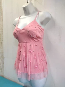 D & T Women's Fairy Floral Beaded Peplum Cami Tank Tulle Lined Pink Side Zip S - Picture 1 of 9