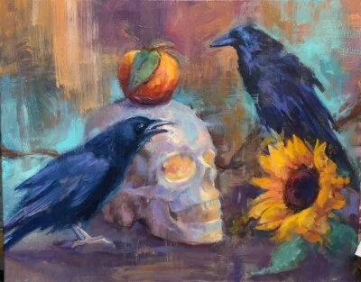 Calavera de cuervo pintura al óleo original, pintura de género, arte impresionista, arte mágico Foto 1 de 4