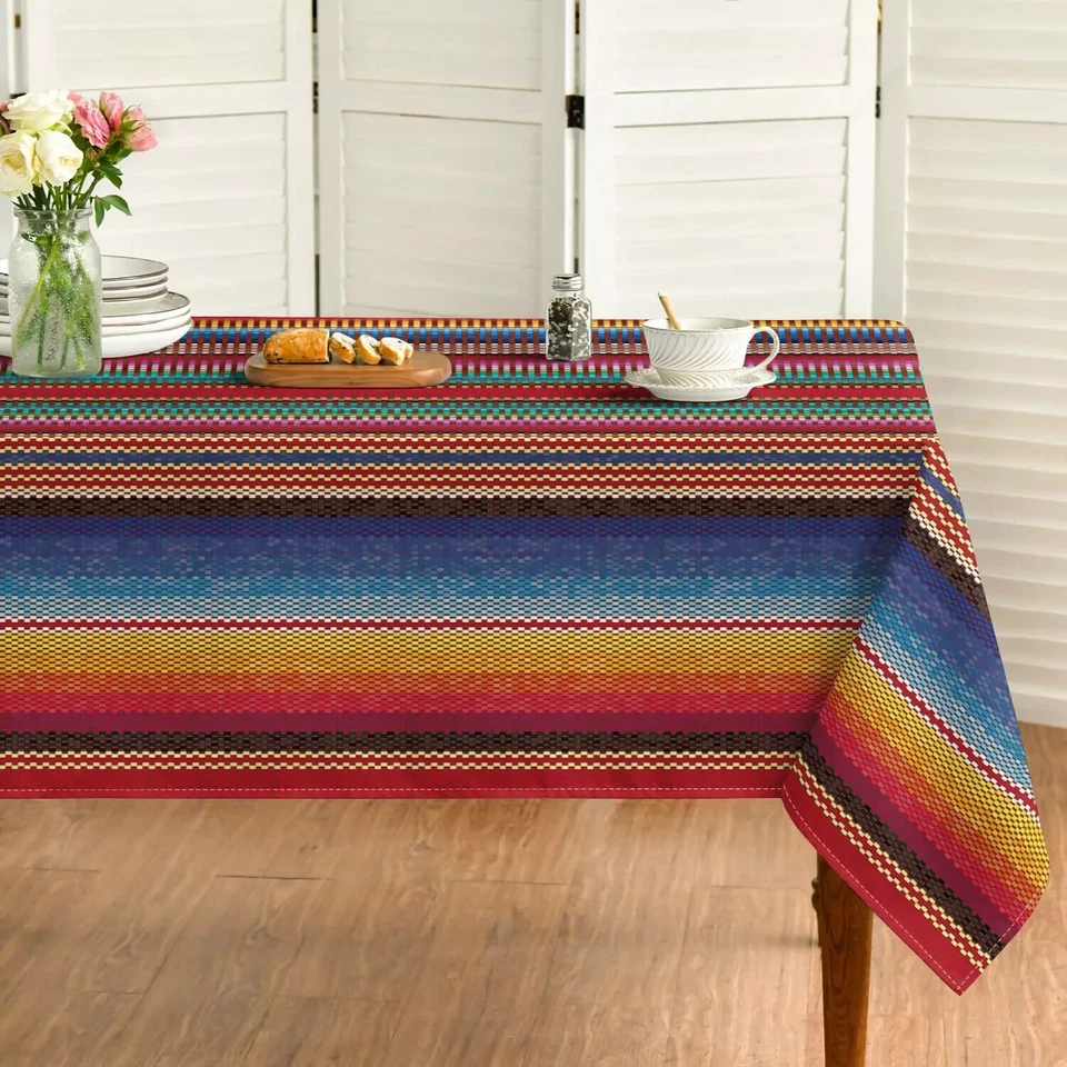 Mexico Tablecloth 60x84 Inch Square Cinco De Mayo Fiesta Colorful Stripes Was... - Image 1 of 4