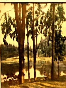 ANTIQUE ORIGINAL H/PAINTED OIL ON SILK LANDSCAPE LAKE FRAMED - Picture 1 of 4