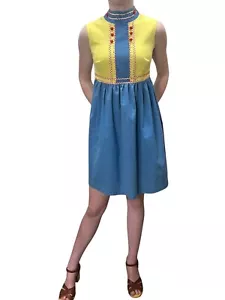 Vtg 60s Sz XS~S MOD Mini Dress Blue Chambray Yellow Red Accents Metal Zipper - Picture 1 of 18
