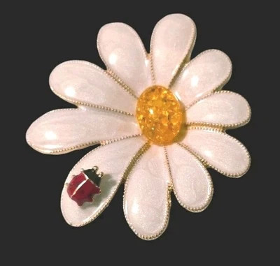 Rose Goldplated Metal White Enamel  Floral Daisy Brooch With Lady Bug Detail - Image 1 of 4