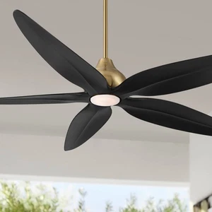 60" Casa Vieja Lotus Bay Brass and Black Damp Remote LED Ceiling Fan - Picture 1 of 10