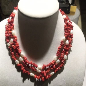Vintage Sterling Silver Red Coral And Pearl 3 Strand Necklace - L@@k Nice - Picture 1 of 9