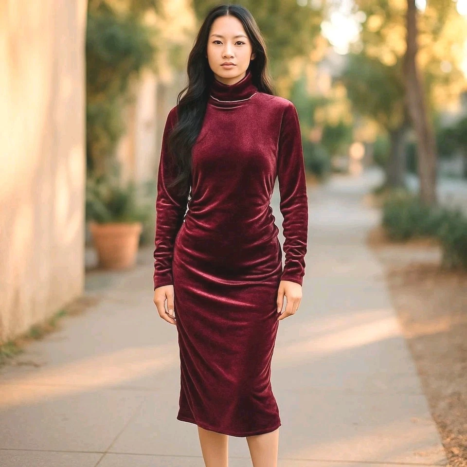Vestido Lápiz The Wendy Williams Borgoña Terciopelo Acanalado y Elástico Glamoroso / M Foto 1 de 4