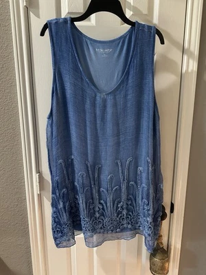 Soft Surroundings Tank Top 3X Silk Embroidered Tunic Sleeveless Sequin Blue - Image 1 of 4