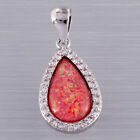 15x9mm Pear Red Fire Opal Cabochon Cz Silver Jewelry Necklace Pendant