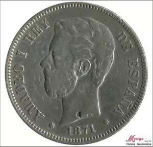 España Amadeo I 5 pesetas 1871 (*18*75) DEM - 24,74 gr. plata MBC - / VF- - Imagen 1 de 2