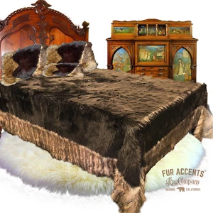 Brown Bedspread, Ribbed Fox Border, Throw Blanket, Soft Faux Fur, Minky Lining - Picture 1 of 4