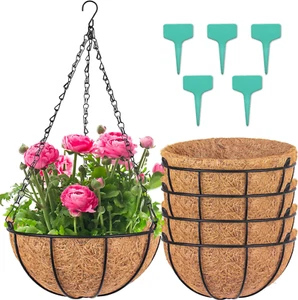 5PCS Metal Hanging Planters Basket with Coco Coir Liner 12 Inch round Wire Plant - Picture 1 of 12