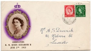 G.B QE2 5. Dezember 1952 11/2d, 21/2d, Wilding Ersttagsbrief.  leicester cds - Bild 1 von 1