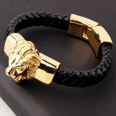 Brazalete con cabeza de león trenzado negro de acero inoxidable de 8,66" para hombre Foto 1 de 4