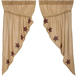 Burlap Natural Cotton w/ Burgundy Stencil Stars Drawstring Prairie Curtains 63"L - Picture 1 of 6