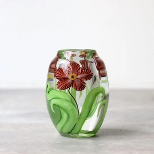 Lundberg Studios Floral Art Glas Vase 1983 Blume klein grün braun H8cm - Bild 1 von 9