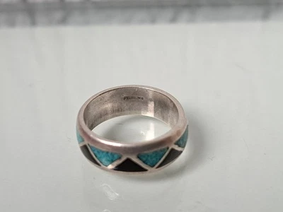 Anello Argento, Bella, vecchio Anello Argento Sterling con Turchese E Onice - Immagine 1 di 4