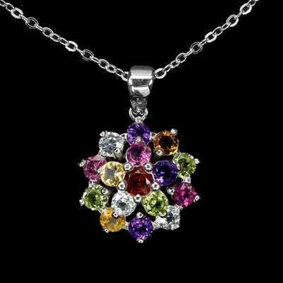 925 Sterling Silver Necklace Round Rhodolite Citrine Peridot Gemstone Jewelry 18 - Image 1 of 4