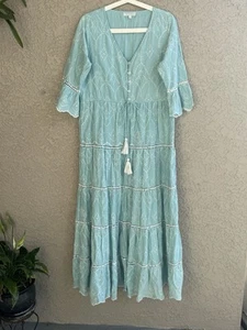 Modaposa Damen Kleid Aqua Baumwolle Maxi Stufen Ösen Stickerei Gefüttert Gr. S - Bild 1 von 8