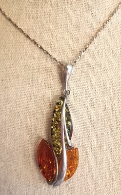 925 Sterling Silver Baltic Amber Tri Color Necklace 19.5" Silver Chain - Image 1 of 4