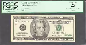 $20 1999 FRN, Fr. 2086-D Rare Engraving Error District Designator PCGS VF 25 - Picture 1 of 3